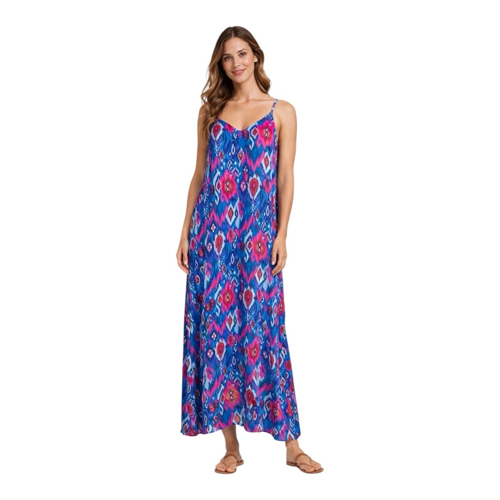 Emily Wonder Blue Paisley Sleeveless Maxi Dress Stretch Pocket Boho Sundress - Picture 2 of 7